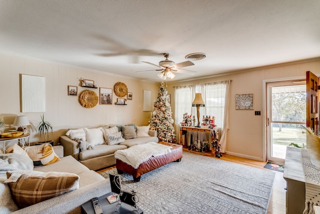 living room with hardwood / wood-style flooring, ceiling fan, crown molding, and a textured ceiling