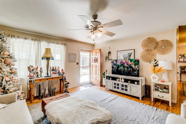 living room featuring ceiling fan, crown molding, and wood-type flooring