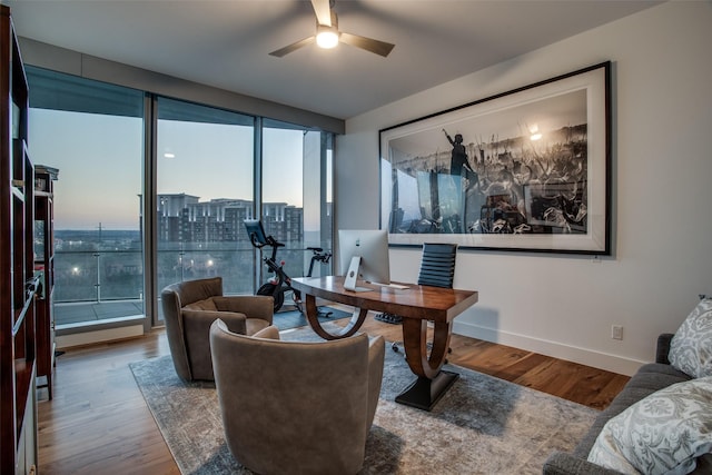 office area featuring ceiling fan, plenty of natural light, and wood-type flooring