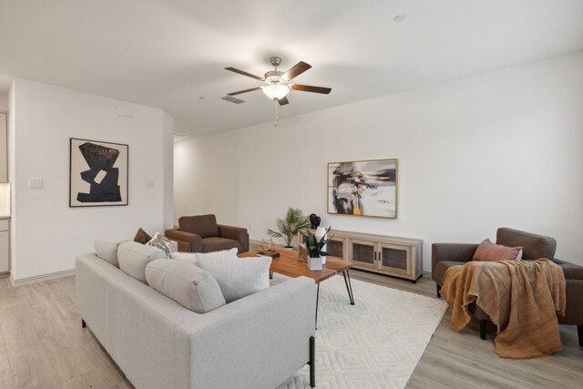 living room with ceiling fan and light wood-type flooring