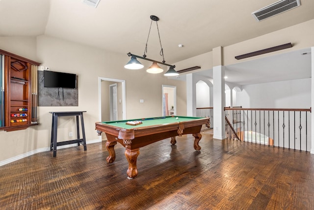 game room featuring vaulted ceiling, dark hardwood / wood-style flooring, and billiards