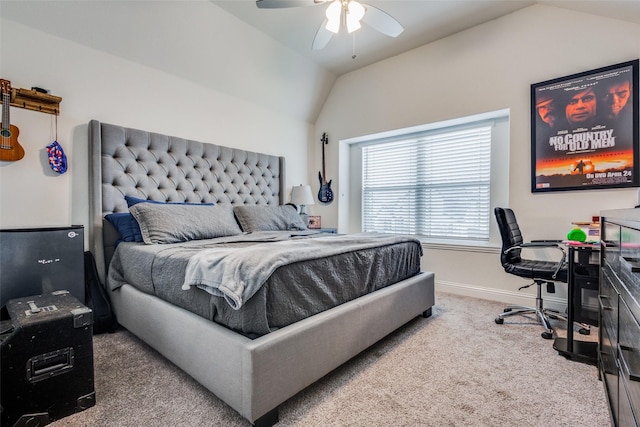 bedroom featuring carpet flooring, ceiling fan, and lofted ceiling