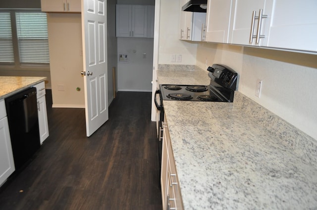 kitchen featuring light stone countertops, ventilation hood, dark hardwood / wood-style floors, and black appliances