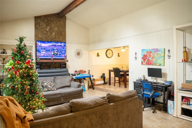 living room featuring tile patterned floors, vaulted ceiling with beams, and ceiling fan