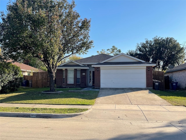 single story home with a garage and a front lawn