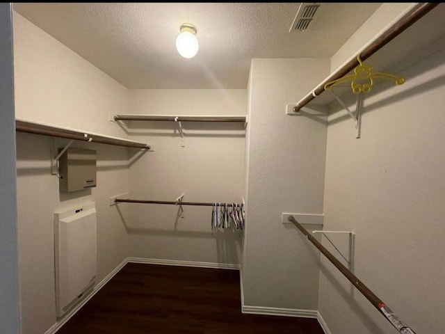 spacious closet with dark hardwood / wood-style flooring