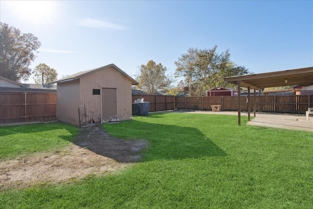 view of yard with a patio area and a storage shed