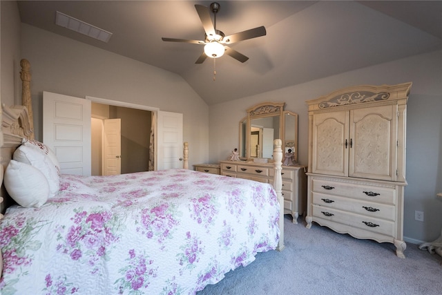 bedroom featuring light colored carpet, ceiling fan, and lofted ceiling