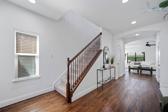 stairway featuring hardwood / wood-style floors and ceiling fan