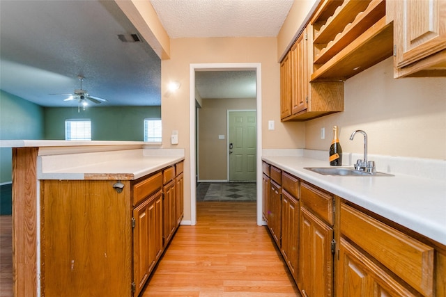 kitchen with sink, ceiling fan, a textured ceiling, and light wood-type flooring