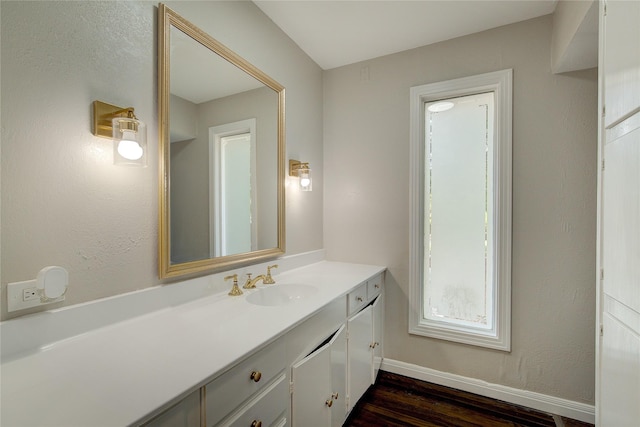 bathroom with vanity and wood-type flooring