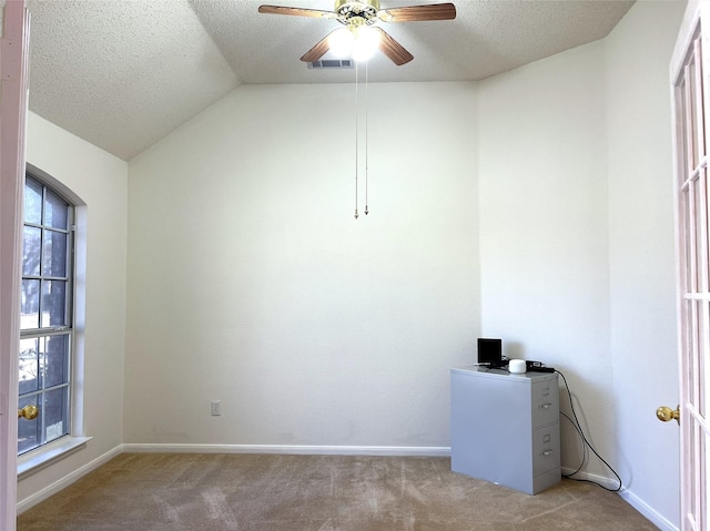 empty room with light colored carpet, vaulted ceiling, and a wealth of natural light