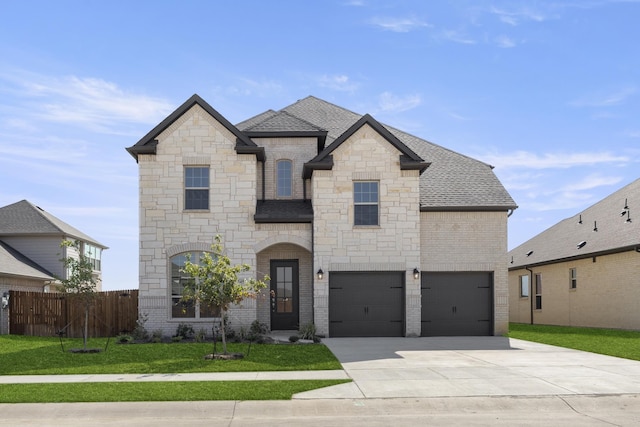 french country style house with a garage and a front lawn