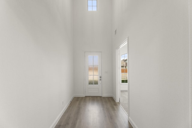 doorway to outside featuring a high ceiling and light hardwood / wood-style flooring