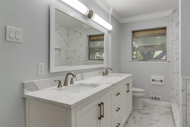 bathroom featuring vanity, toilet, and crown molding