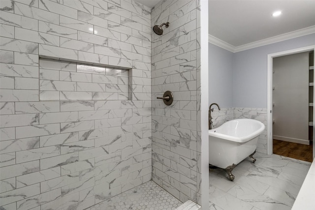 bathroom featuring crown molding and plus walk in shower