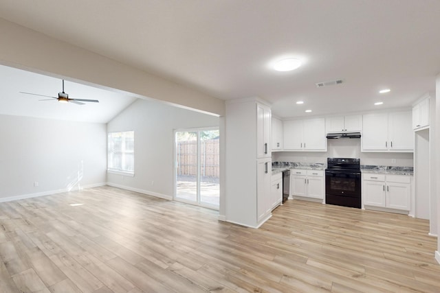 kitchen featuring open floor plan, visible vents, under cabinet range hood, and black appliances