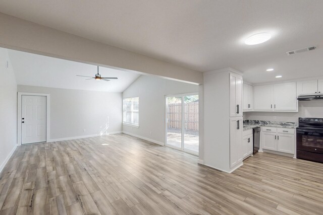 kitchen with light wood-type flooring, black appliances, white cabinetry, and visible vents