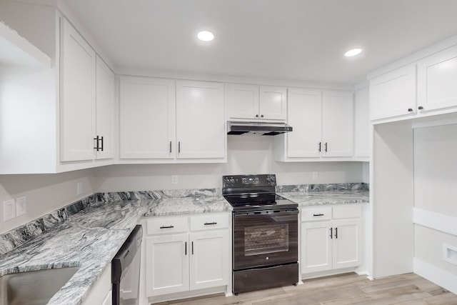 kitchen featuring dishwasher, electric range, white cabinets, and under cabinet range hood