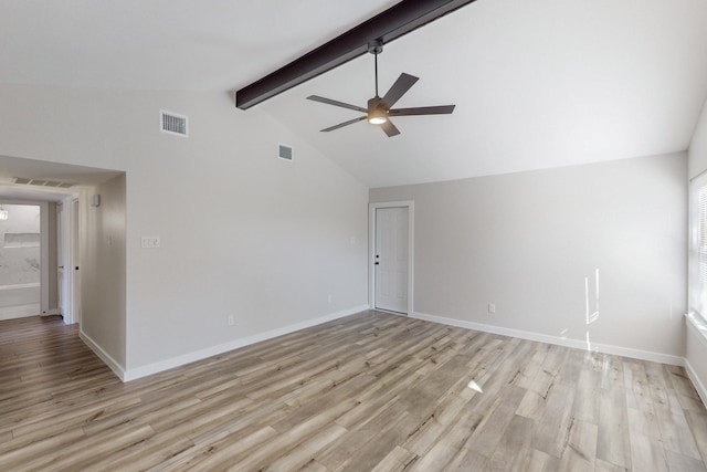 spare room with beam ceiling, visible vents, baseboards, and light wood finished floors