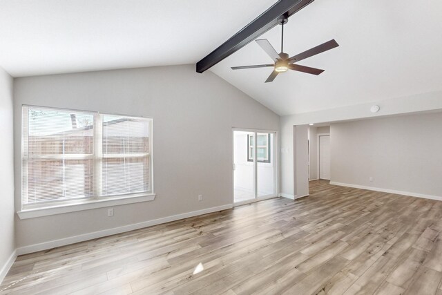 unfurnished room with vaulted ceiling with beams, ceiling fan, light wood-style flooring, and baseboards