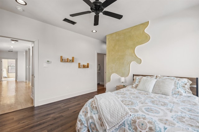 bedroom featuring recessed lighting, a ceiling fan, visible vents, baseboards, and dark wood finished floors