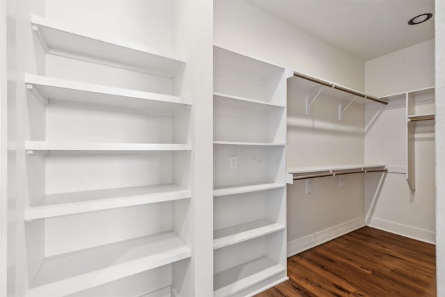 spacious closet with dark wood finished floors