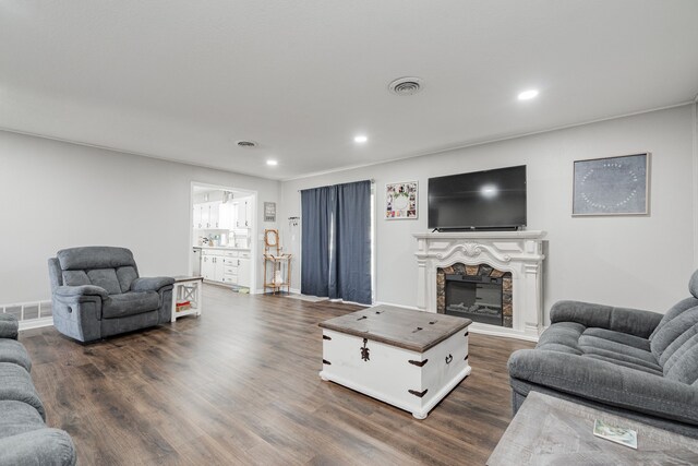 living room featuring a fireplace and dark wood-type flooring