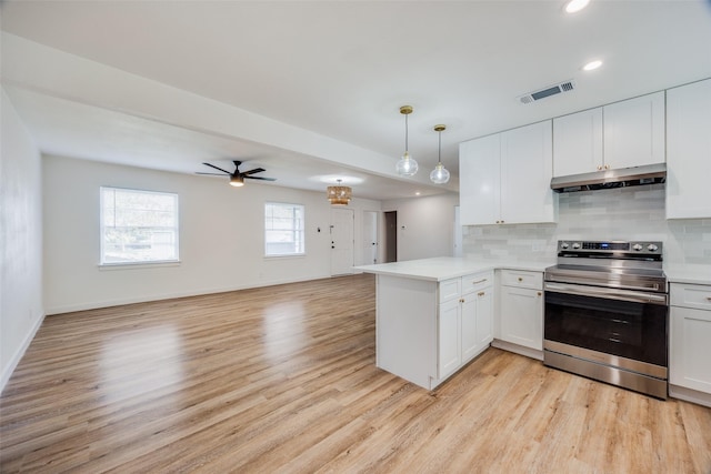 kitchen with kitchen peninsula, white cabinets, light hardwood / wood-style floors, and electric stove