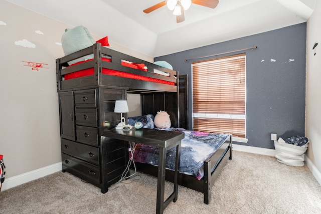 bedroom with ceiling fan and light carpet