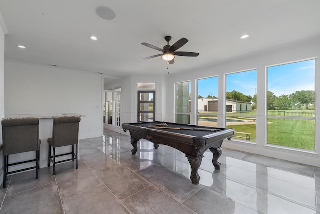 rec room with ceiling fan and pool table