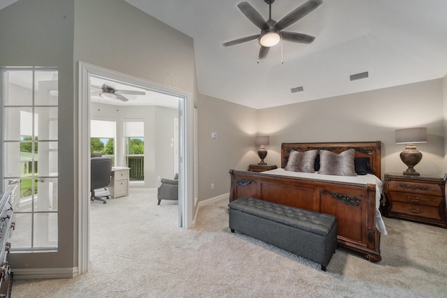 bedroom featuring ceiling fan and light colored carpet