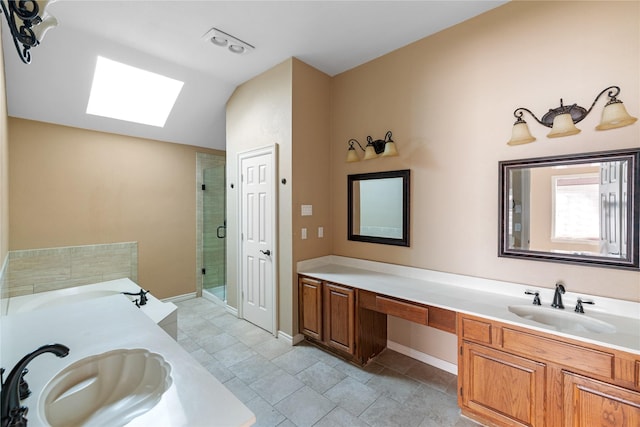 4307 Sausalito Dr, Dallas, TX 75287 - bathroom featuring tile patterned flooring, vanity, shower with separate bathtub, and a skylight