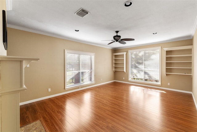 4307 Sausalito Dr, Dallas, TX 75287 - unfurnished living room featuring wood-type flooring, ornamental molding, and ceiling fan