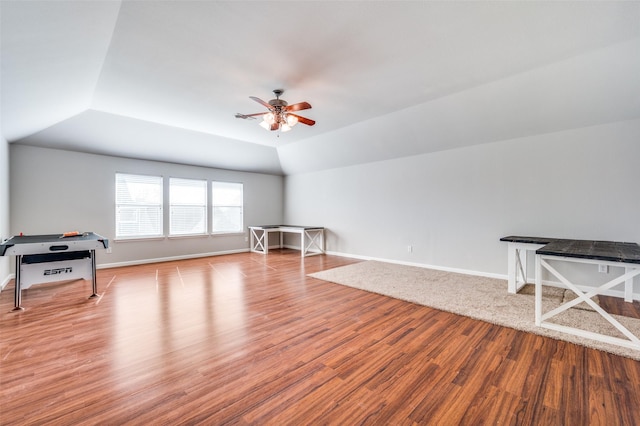 bonus room with ceiling fan, light hardwood / wood-style floors, and lofted ceiling