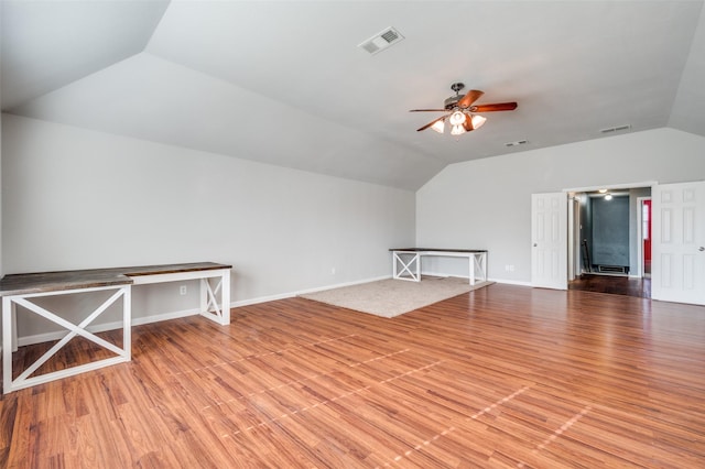 bonus room featuring ceiling fan, wood-type flooring, and lofted ceiling