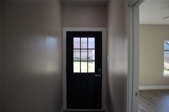 doorway to outside with a wealth of natural light and hardwood / wood-style floors