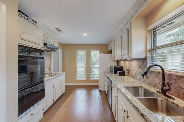 kitchen with sink, tasteful backsplash, light stone counters, light hardwood / wood-style floors, and appliances with stainless steel finishes