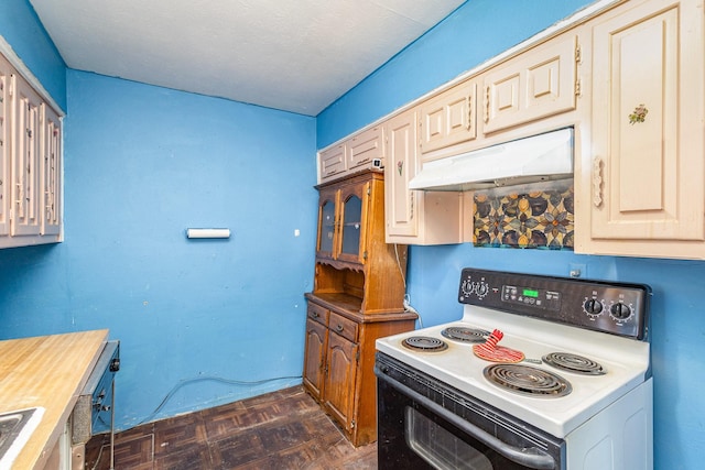 kitchen featuring white electric range oven, dark parquet flooring, a textured ceiling, and sink