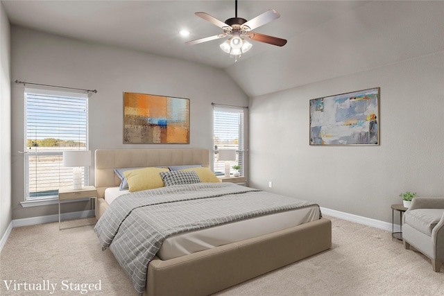 carpeted bedroom with vaulted ceiling, recessed lighting, baseboards, and ceiling fan