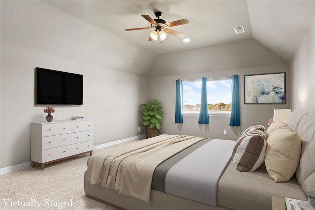 bedroom featuring visible vents, a ceiling fan, baseboards, light colored carpet, and vaulted ceiling