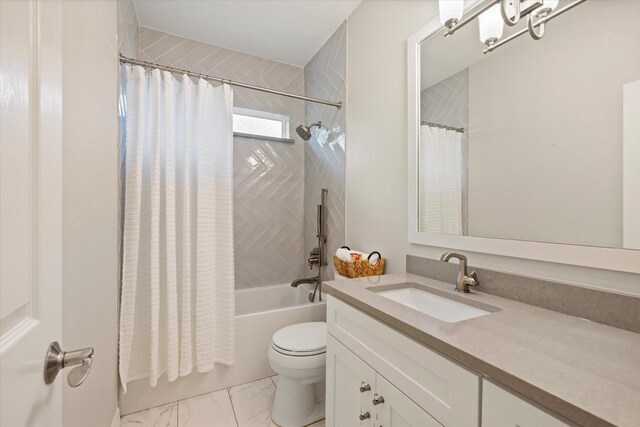 full bathroom featuring vanity, toilet, and shower / bathtub combination with curtain