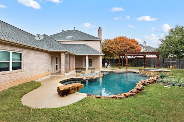 view of swimming pool featuring a pergola, an in ground hot tub, a yard, and a patio