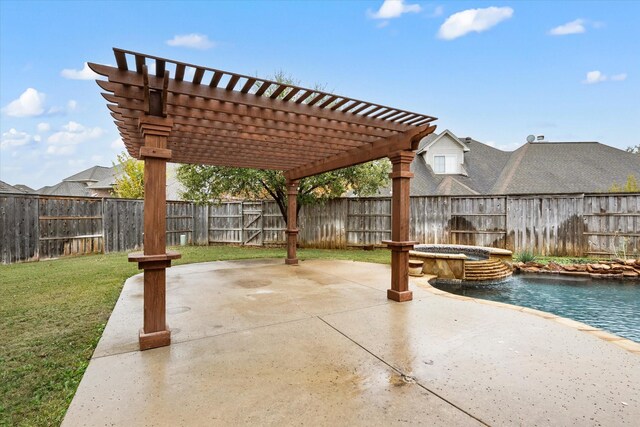 view of patio / terrace featuring a pergola and an in ground hot tub