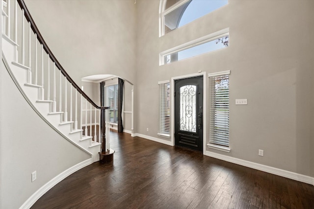 foyer featuring a towering ceiling and dark wood-type flooring