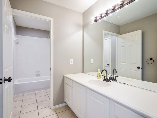 bathroom with tile patterned flooring, vanity, and  shower combination