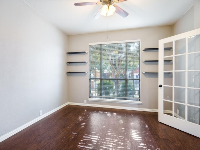 unfurnished room featuring a wealth of natural light, ceiling fan, and wood-type flooring