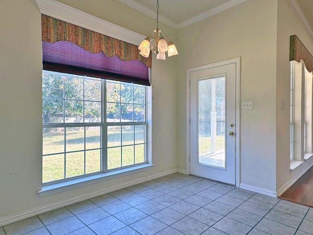 unfurnished dining area with light tile patterned flooring, crown molding, and a chandelier