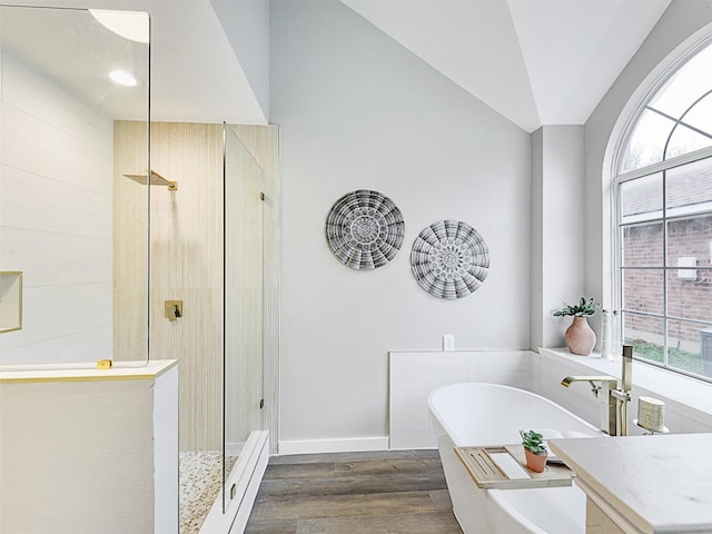 bathroom featuring plus walk in shower, wood-type flooring, and a healthy amount of sunlight