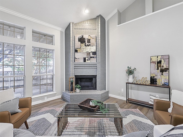 living room featuring dark hardwood / wood-style flooring, crown molding, a fireplace, and high vaulted ceiling